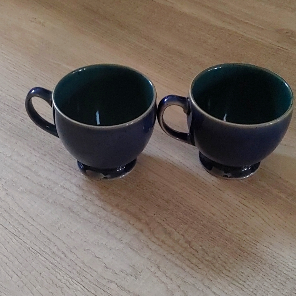 Two Denby England Harlequin - Green Footed Stoneware Coffee Cup Mugs